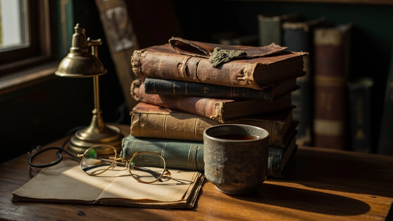 The Witcher Bücher Reihenfolge: Stapel Fantasy-Romane mit Wolf-Medaillon auf Holztisch